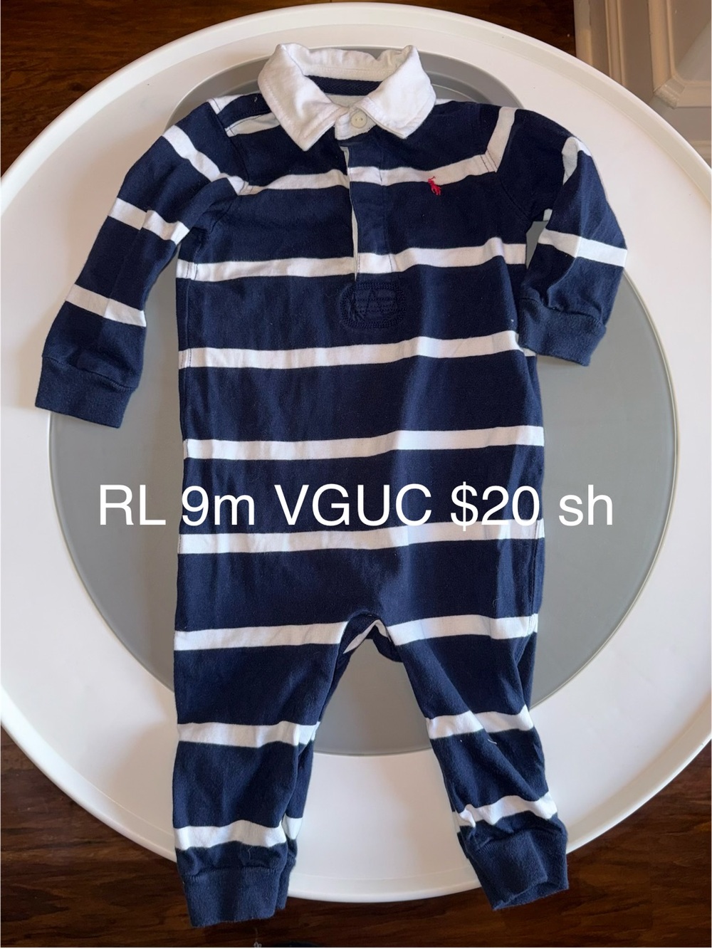 Ralph Lauren Navy & White Striped Polo Romper with Red Logo
